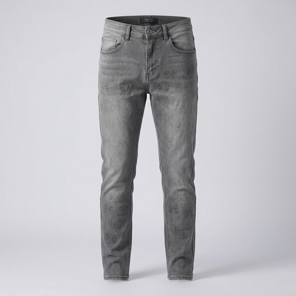 KDNK-All-Over Embroidered Pattern Jeans – Faded Grey