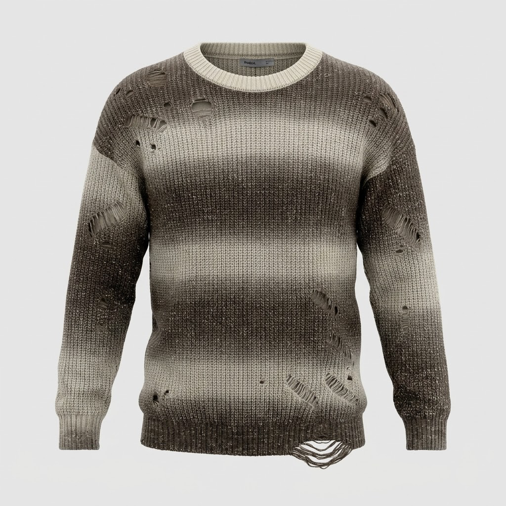 EKSI-Distressed Crewneck Sweater – Brown/Cream