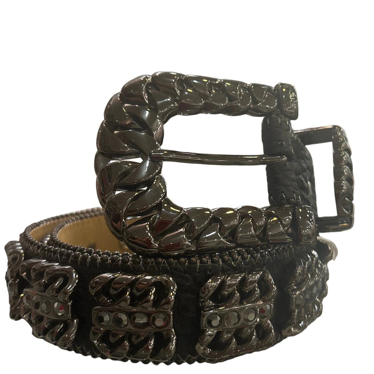 B.B. Simon-Black & Gunmetal Cuban Link Crystal Belt