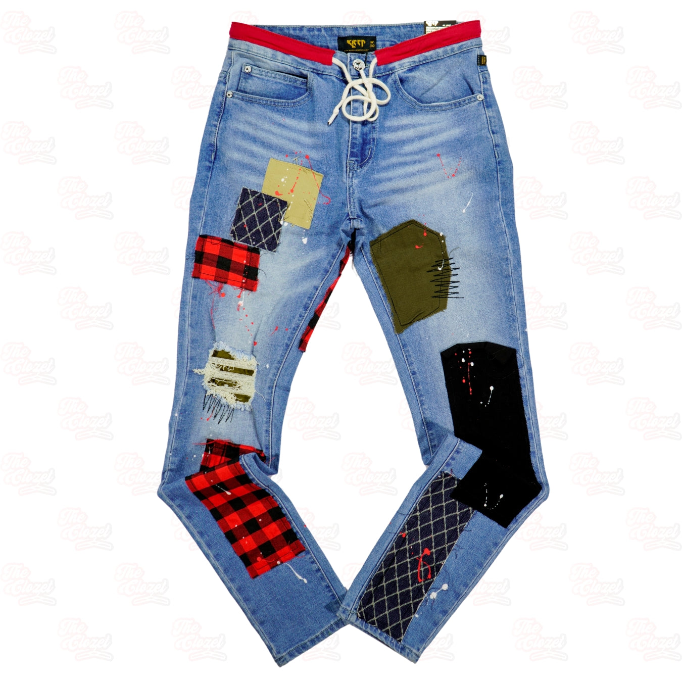 KLEEP - checker board slim patched jeans