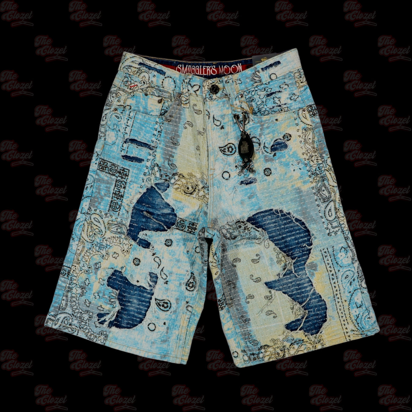 SMUGGLERS MOON - (aqua blue paisley) bandanna patch denim shorts