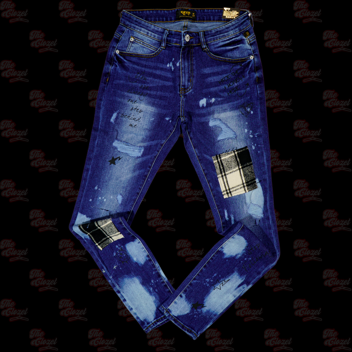 KLEEP - blue bleached plaid patched jeans