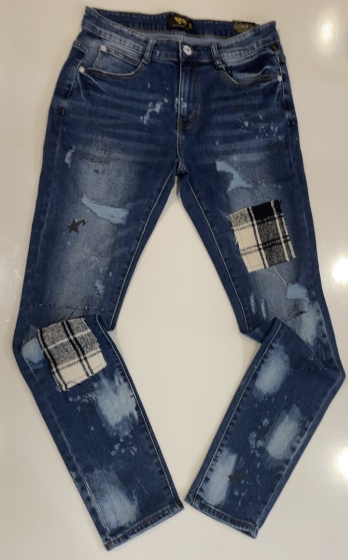 Kleep Blue Bleached Plaid Skinny Jeans