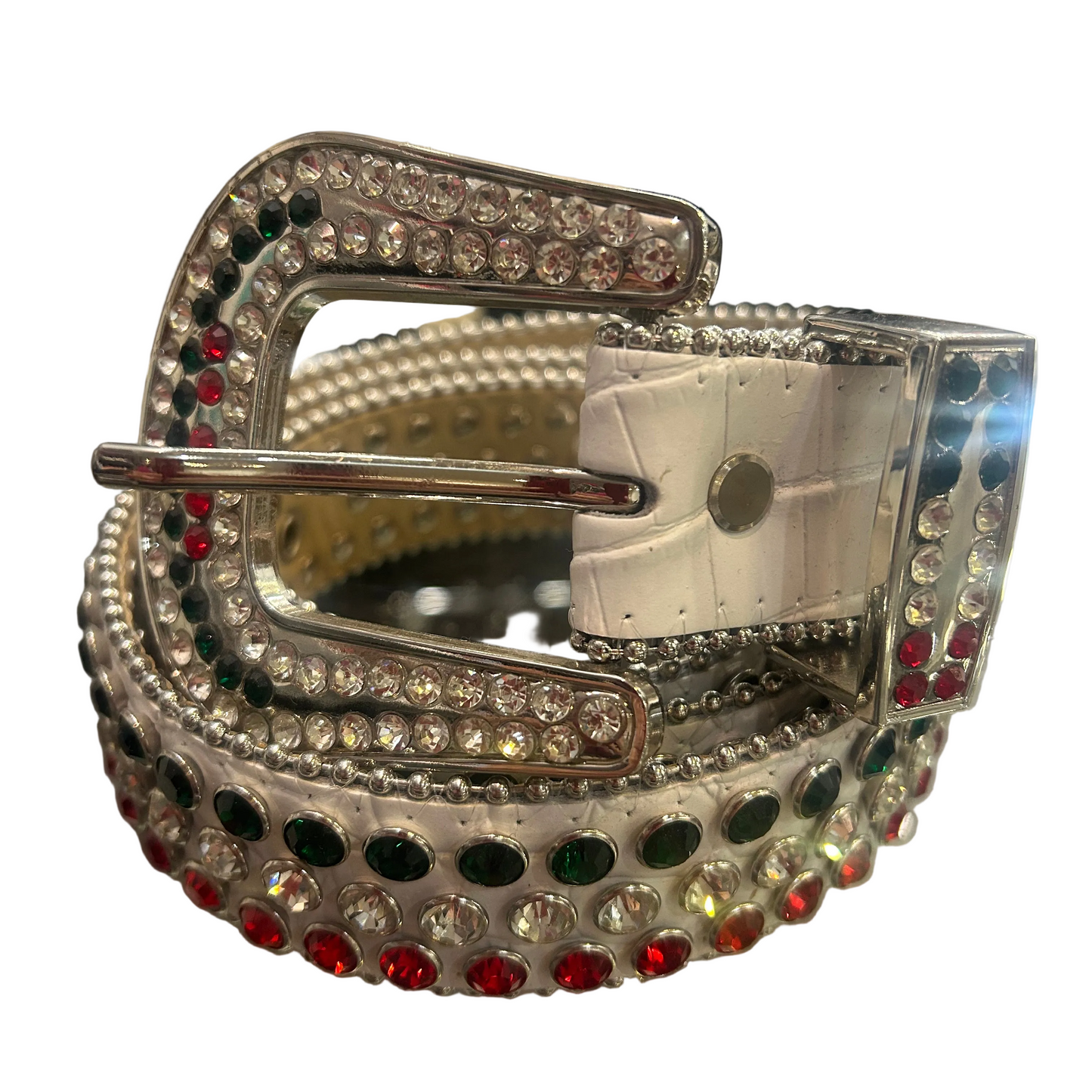 PREMIUM WEAR-White Croc Tri-Color Crystal Belt – Red / Green