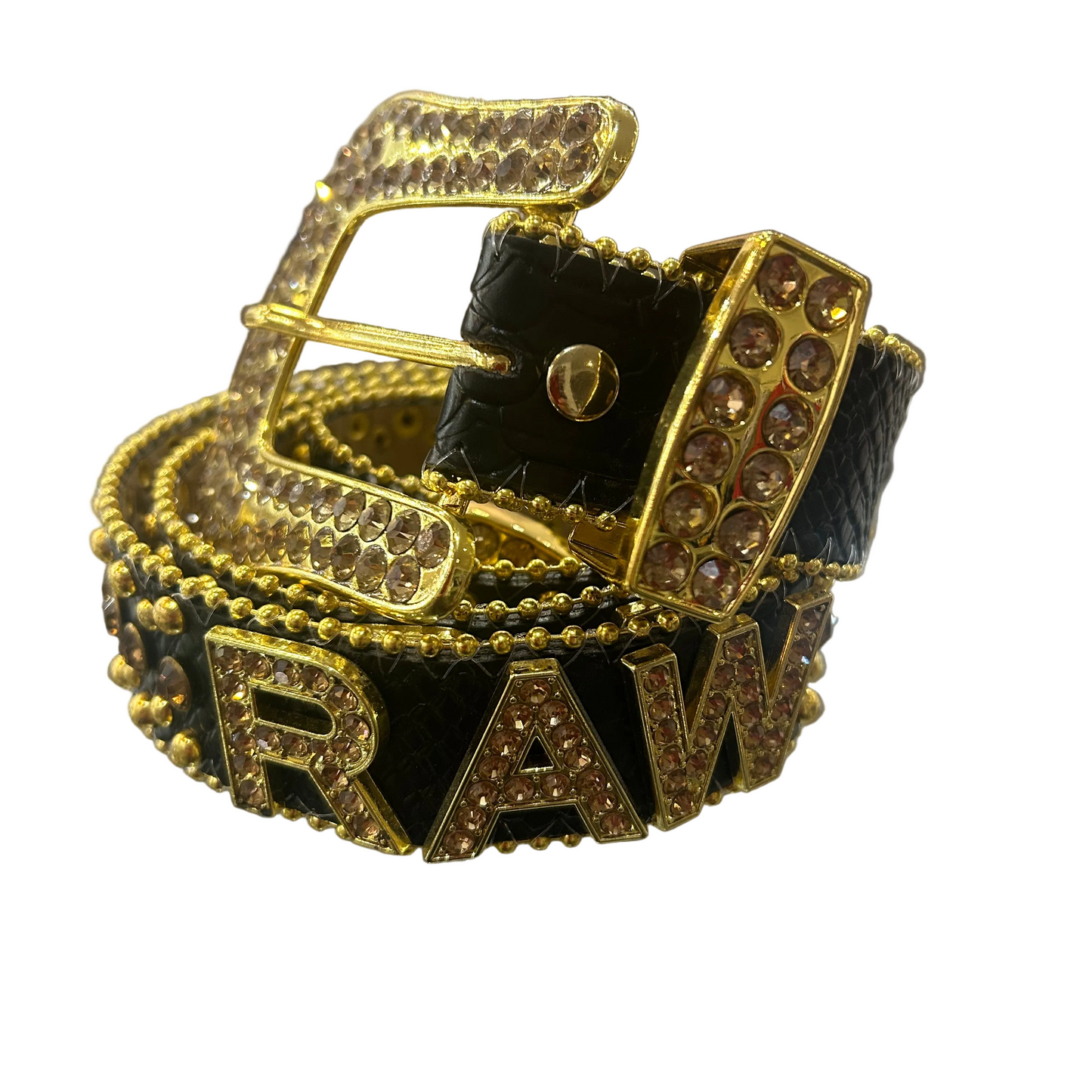 GENUINE LEATHER-Gold "RAW" Rhinestone & Studded Black Leather Belt