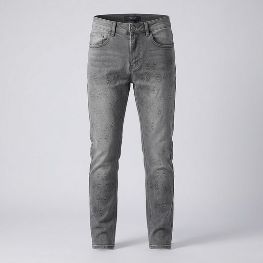 KDNK-All-Over Embroidered Pattern Jeans – Faded Grey