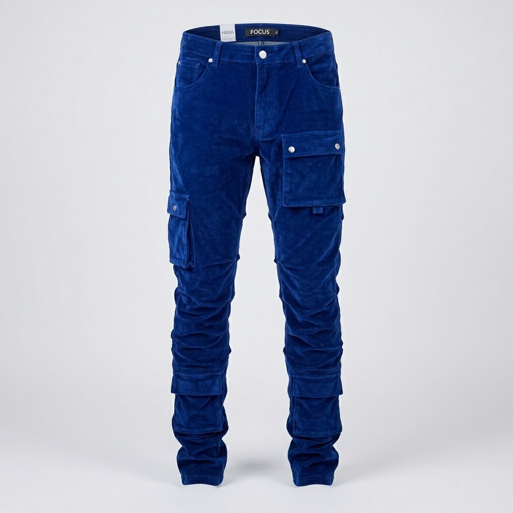 FOCUS-Blue Velour Stacked Multi-Cargo Pants
