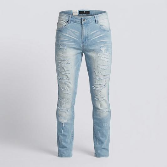 FOCUS-light blue skinny patched jeans