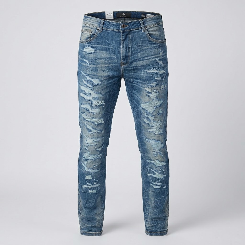 FOCUS-Shredded Panel Slim Denim