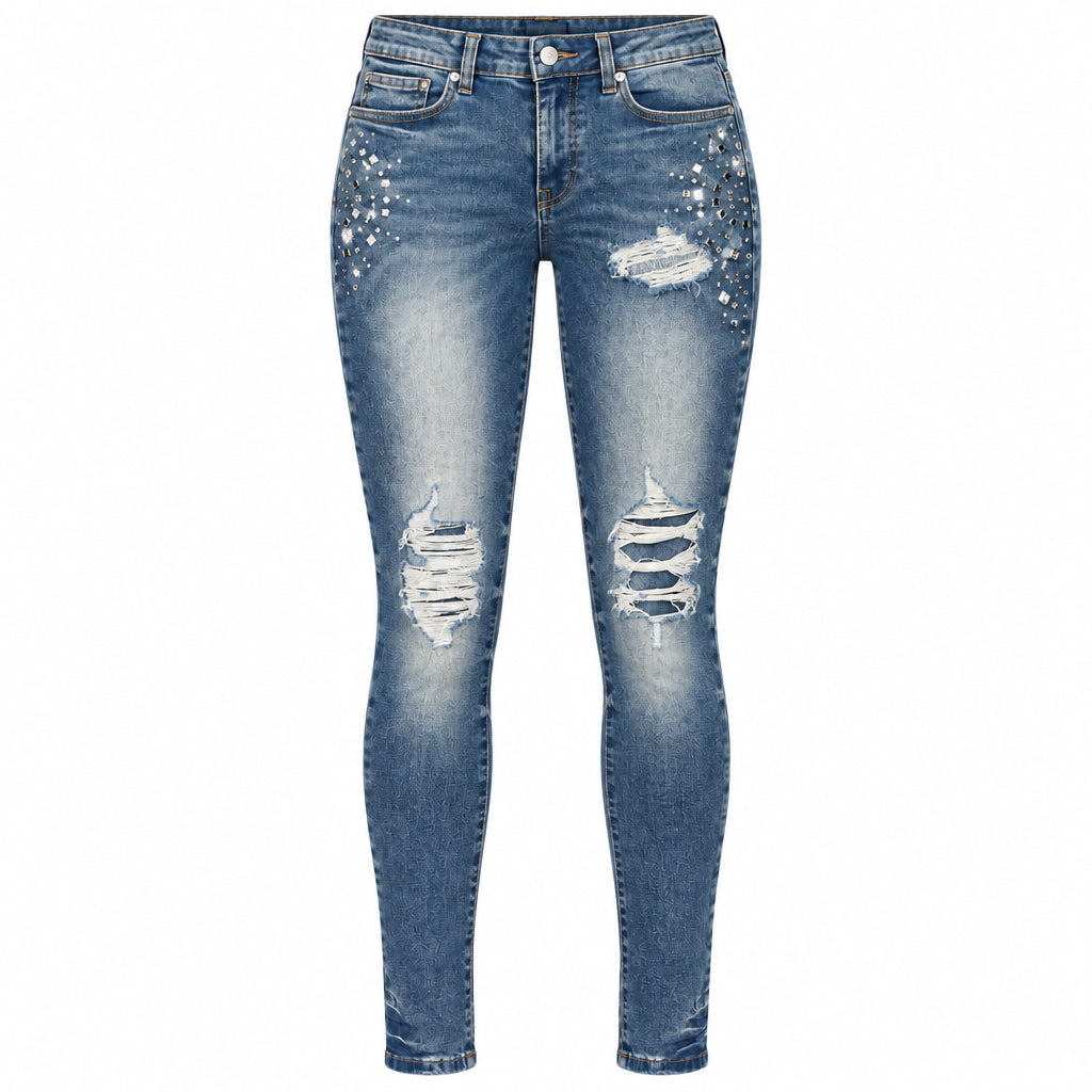Reason- Distressed Rhinestone Skinny Jeans