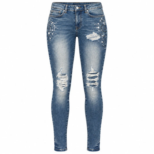 Reason- Distressed Rhinestone Skinny Jeans