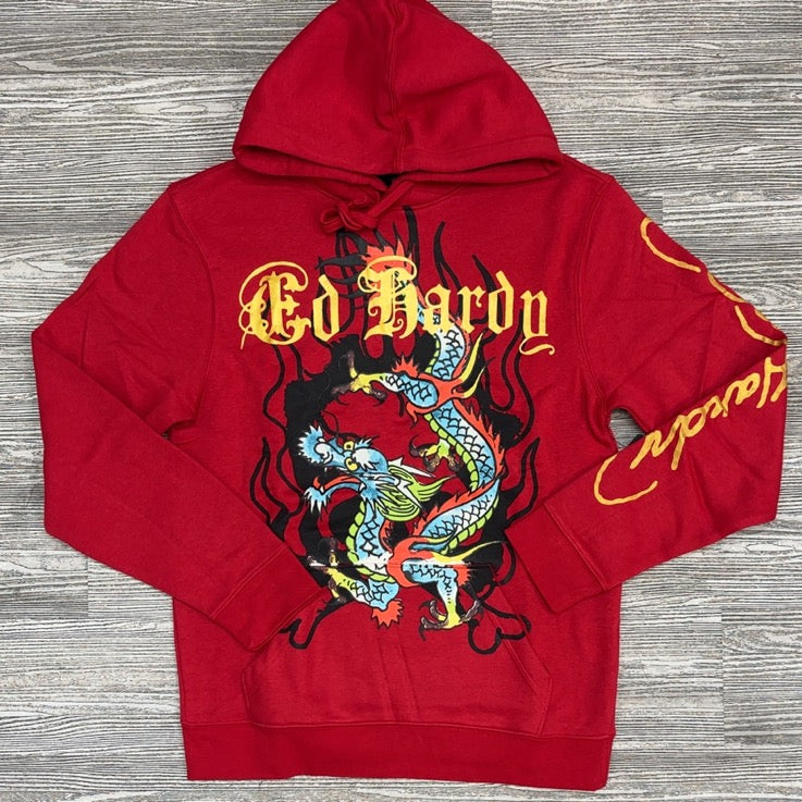 Ed Hardy- dragon pull over hoodie (red)