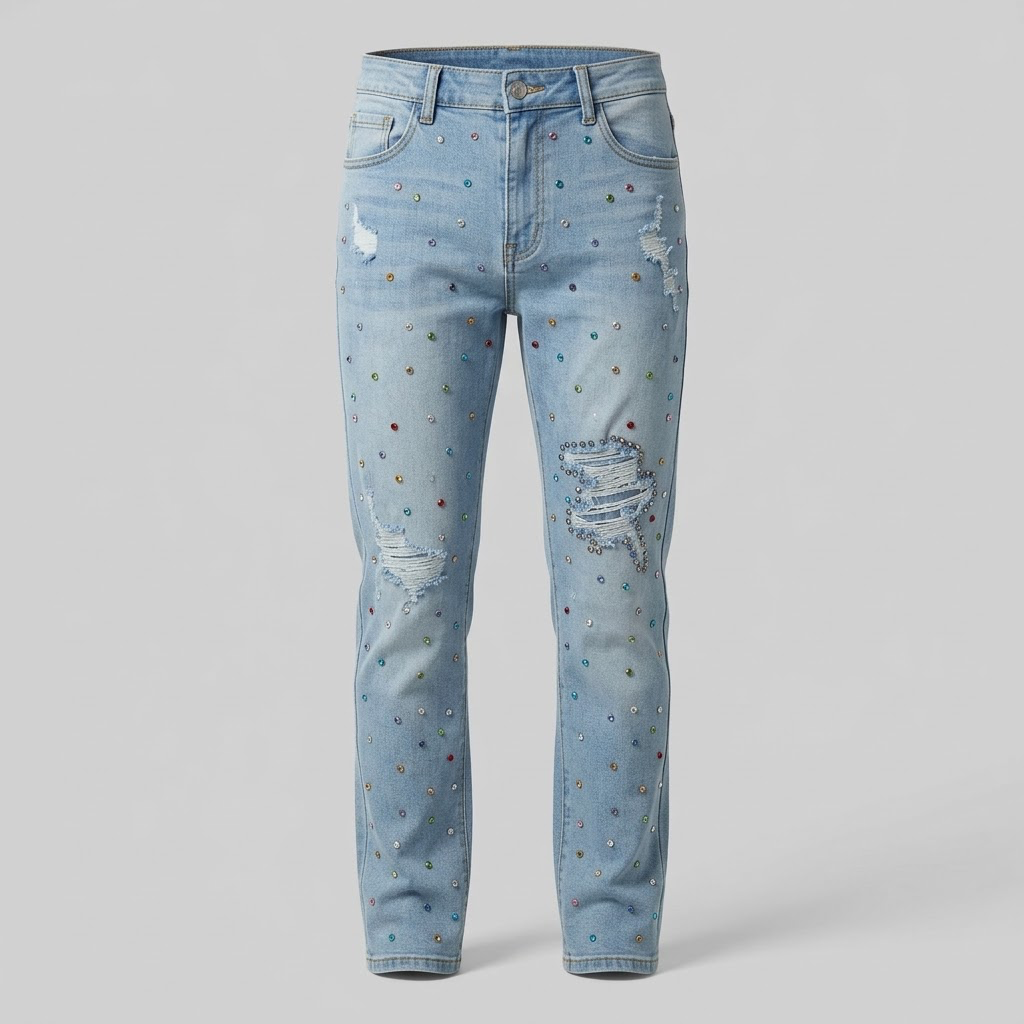 PREME-Rhinestone Light Wash Jeans