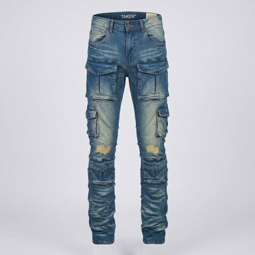 TAKER-indigo tan patched flare fit jeans