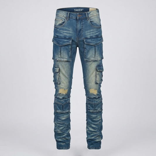 TAKER-indigo tan patched flare fit jeans
