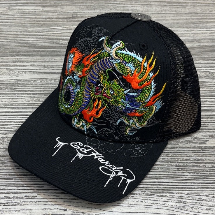 Ed Hardy- embroidered Japan dragon trucker hat (black)