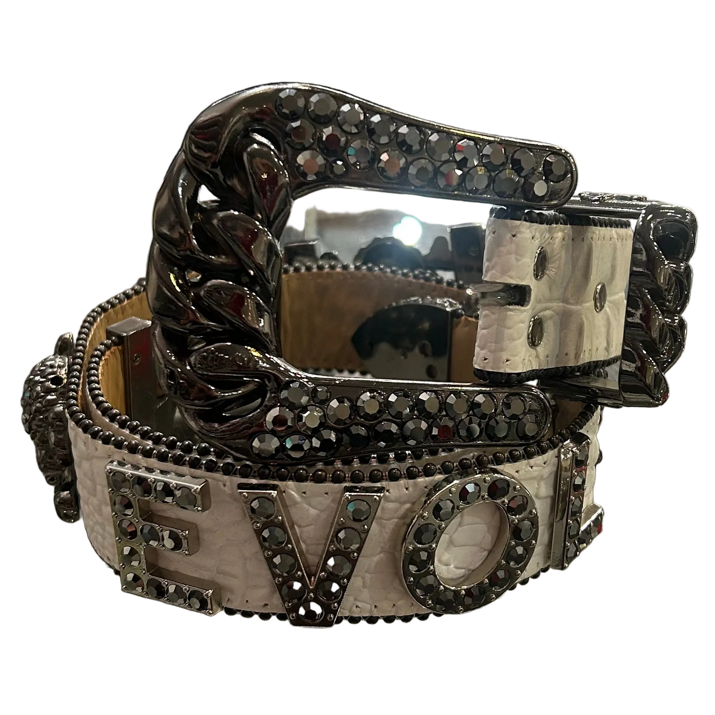 B.B. Simon-White Leather Crystal Belt with Lettering