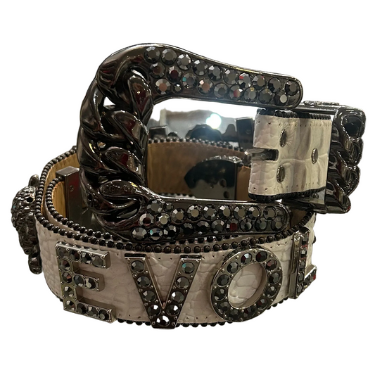 B.B. Simon-White Leather Crystal Belt with Lettering