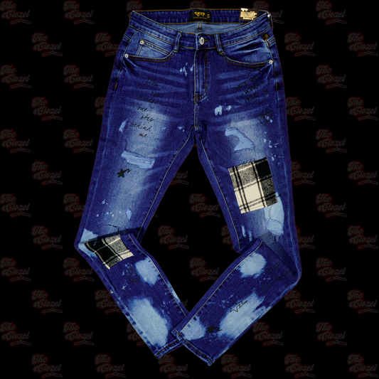 KLEEP - blue bleached plaid patched jeans