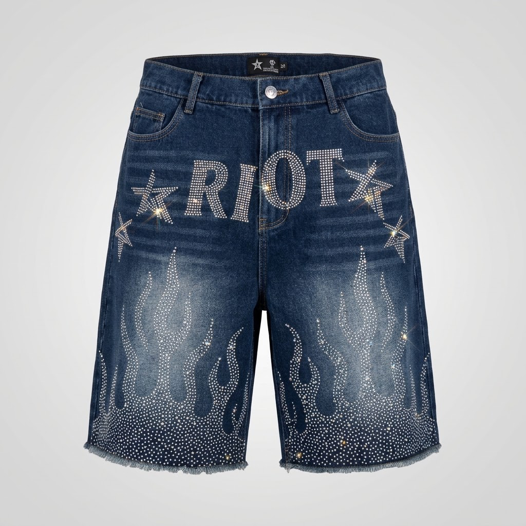 RIOT-Rhinestones Men's dark wash denim Short