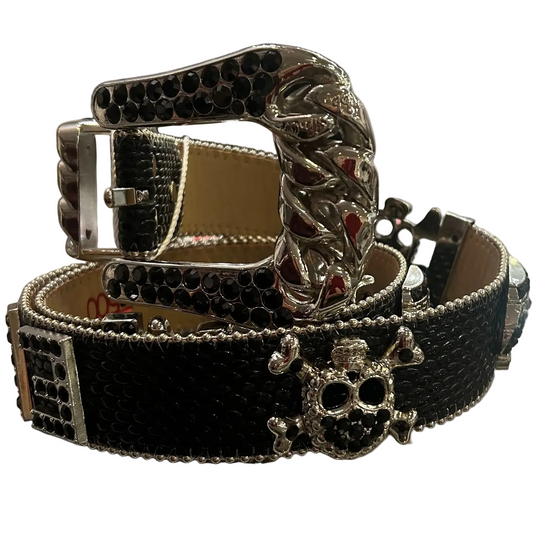 B.B. Simon-Black Leather Skull & Crossbones Crystal Belt