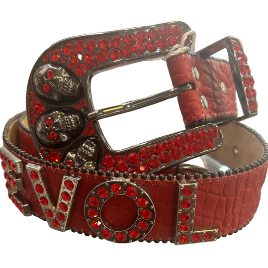 B.B. Simon-Red Leather Skull Buckle Belt with Red Crystals
