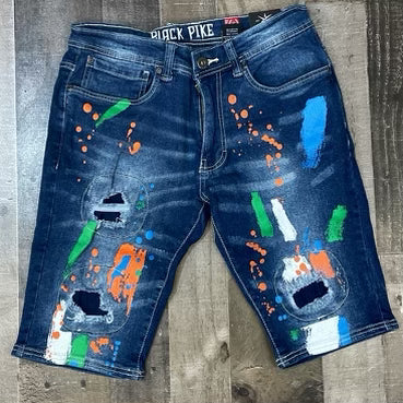 Black Pike- paint splatter denim shorts (dk indigo)