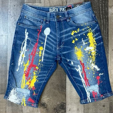 Black Pike- paint splatter denim shorts (red/yellow)