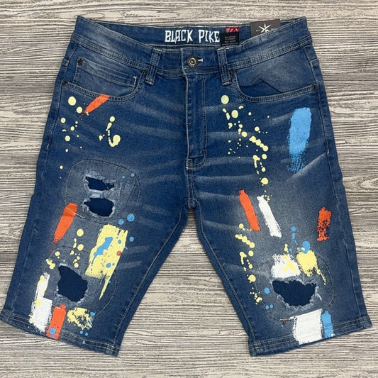 Black Pike- paint splatter denim shorts (blue/orange)