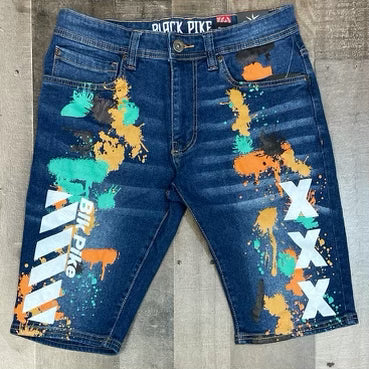 Black Pike- paint splatter w/white logo denim shorts