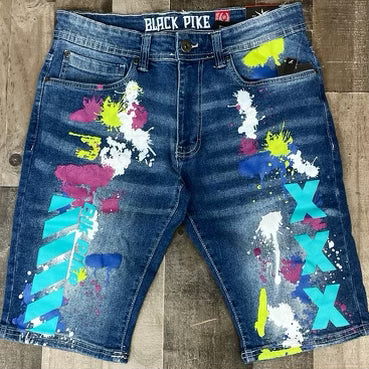 Black Pike- paint splatter w/teal logo denim shorts