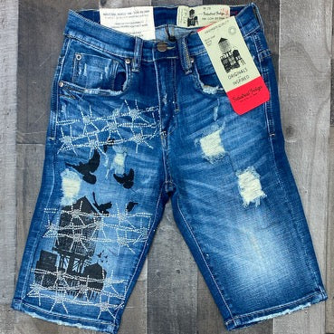 Industrial Indigo- denim shorts w/birds