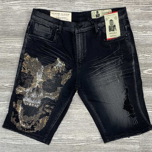 Industrial Indigo- studded skull shorts