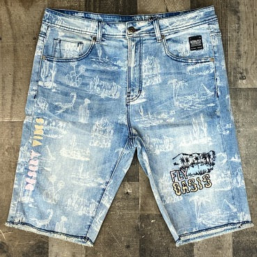 Born Fly- printed denim shorts