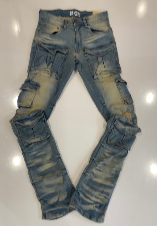 Taker Indigo Tan Patched Stacked Jeans