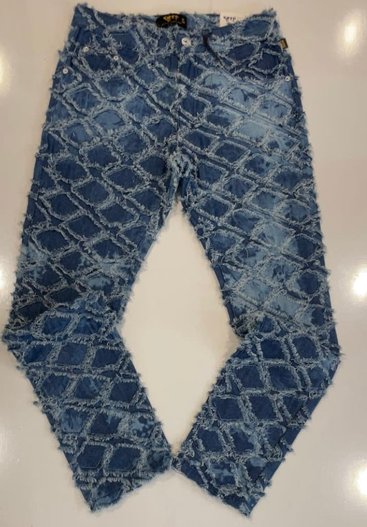 Kleep Blue Distressed Diamond Patch Jeans