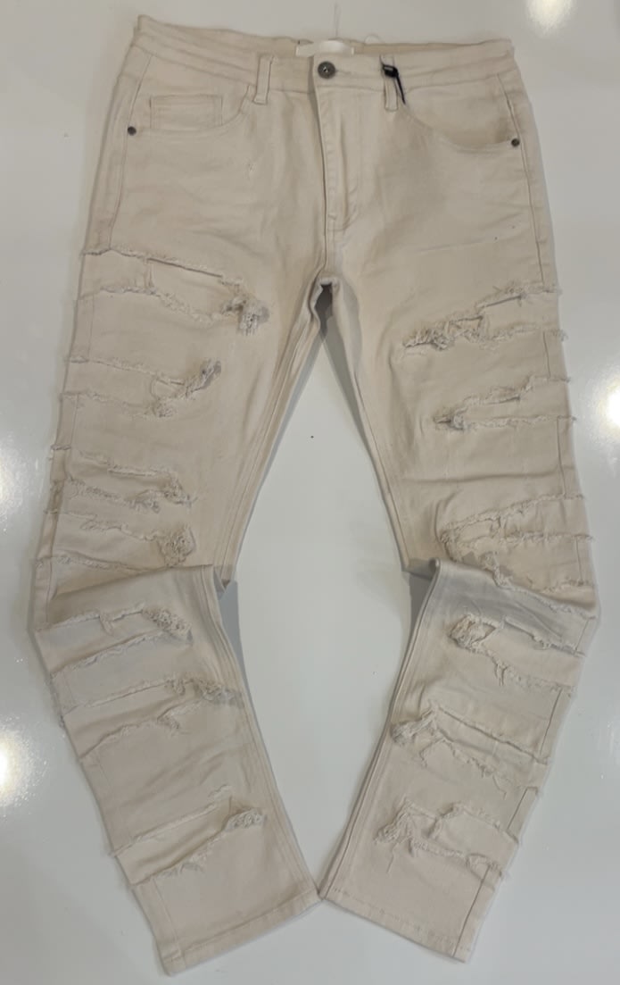 KDNK Cream Distressed Skinny Jeans