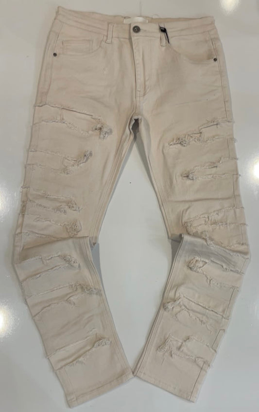 KDNK Cream Distressed Skinny Jeans