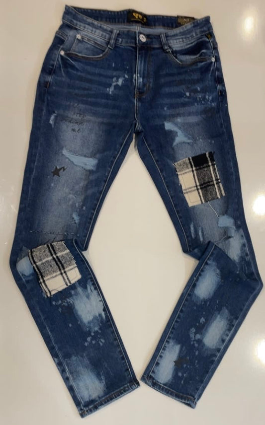 Kleep Blue Bleached Plaid Skinny Jeans