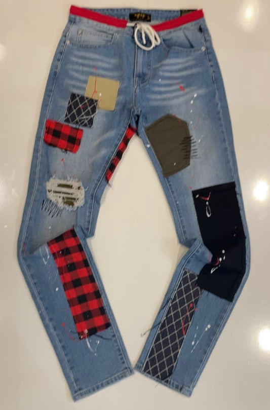 Kleep Checker Board Slim Fit Patched Jeans