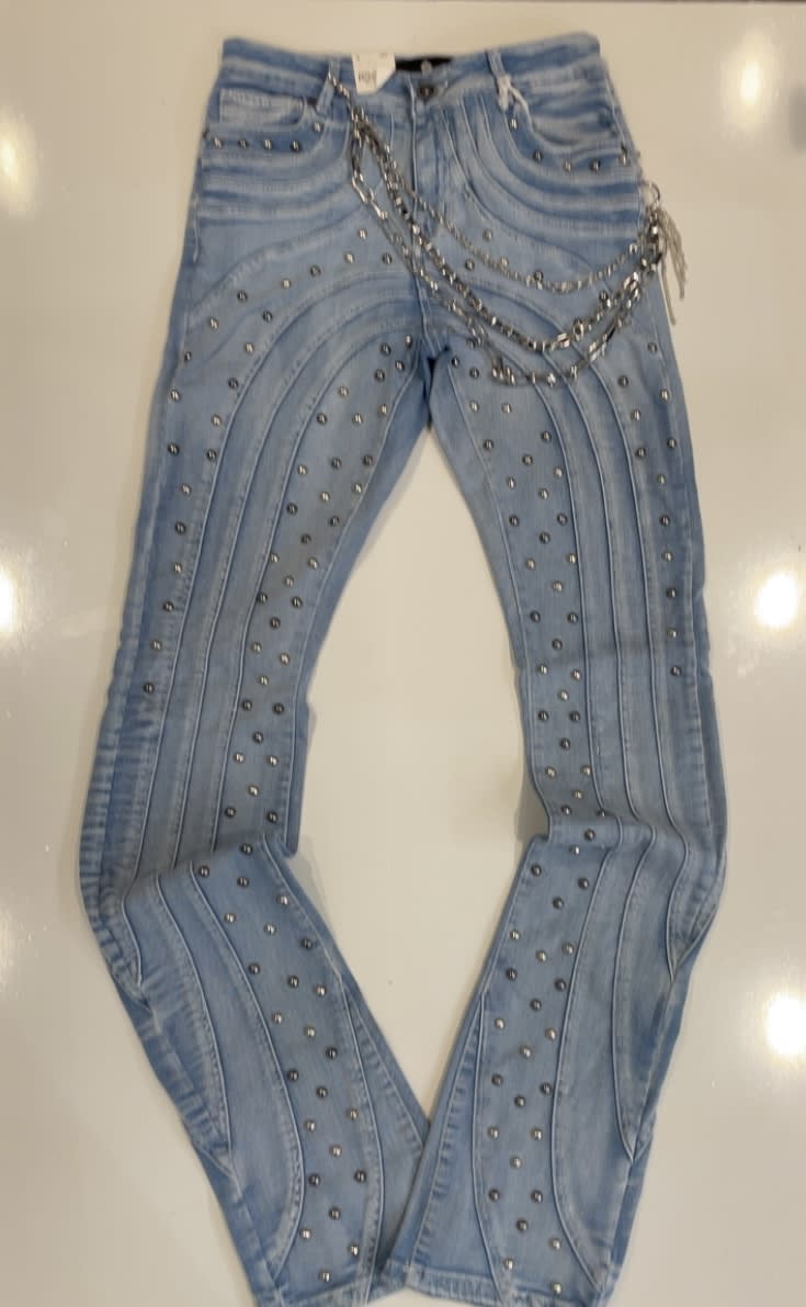 Focus Light Blue Wash Studded Stacked Jeans