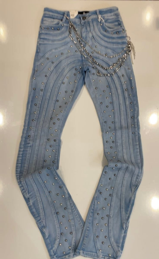Focus Light Blue Wash Studded Stacked Jeans