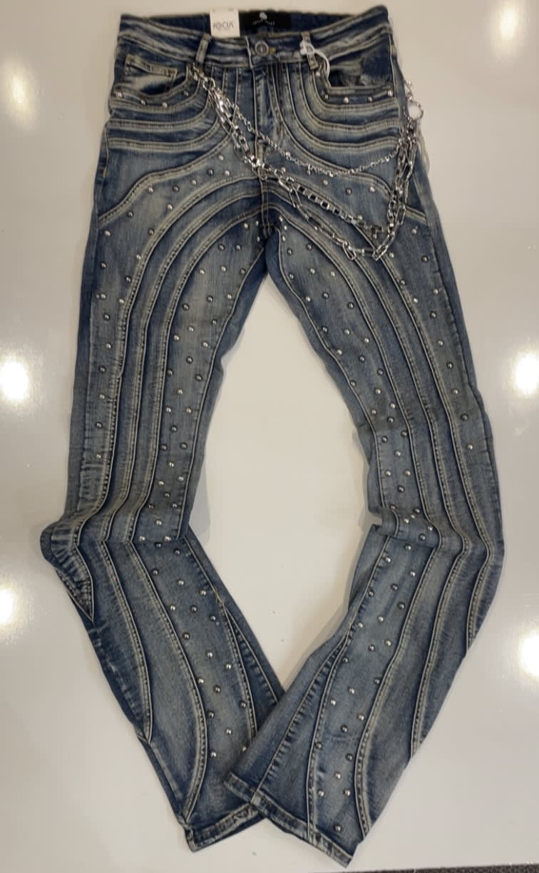 Focus Deep Blue Washed Studded Stacked Jeans
