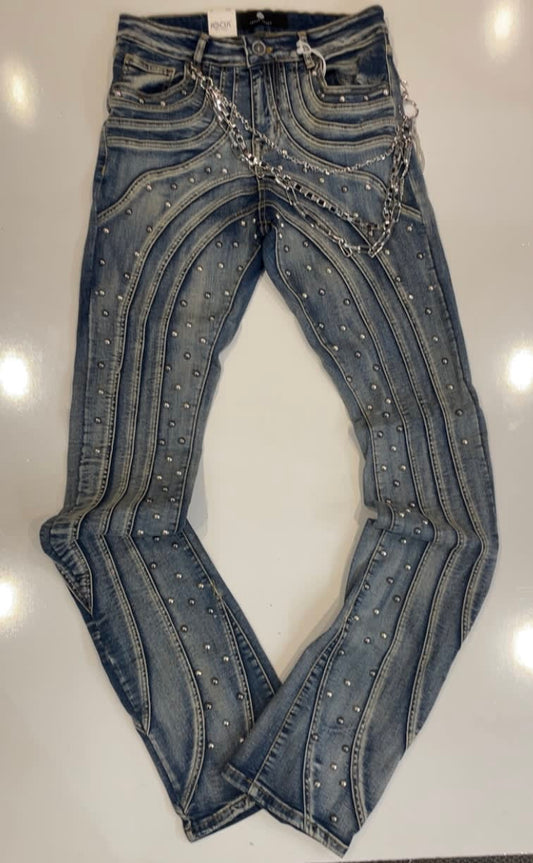 Focus Deep Blue Washed Studded Stacked Jeans