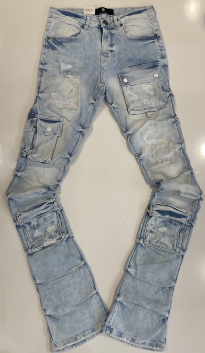 Focus Light Blue Washed Distressed Stacked Jeans