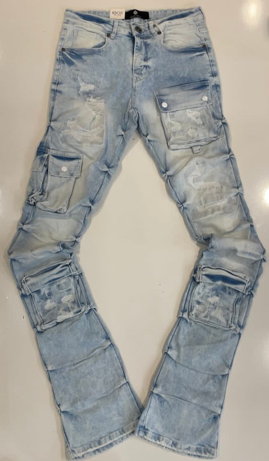 Focus Light Blue Washed Distressed Stacked Jeans