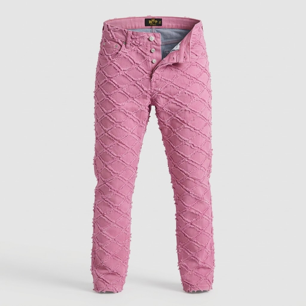 KLEEP-Pink Frayed Lattice Distressed Denim Jeans