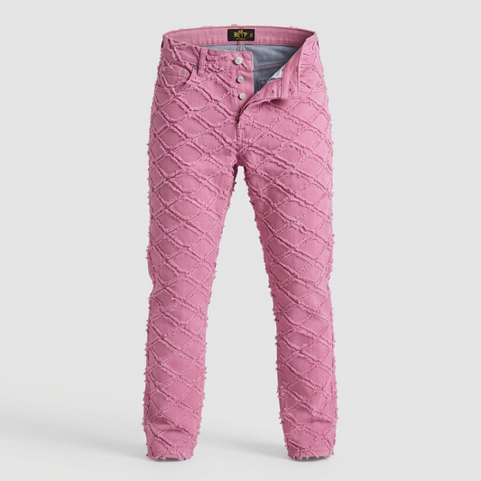 KLEEP-Pink Frayed Lattice Distressed Denim Jeans