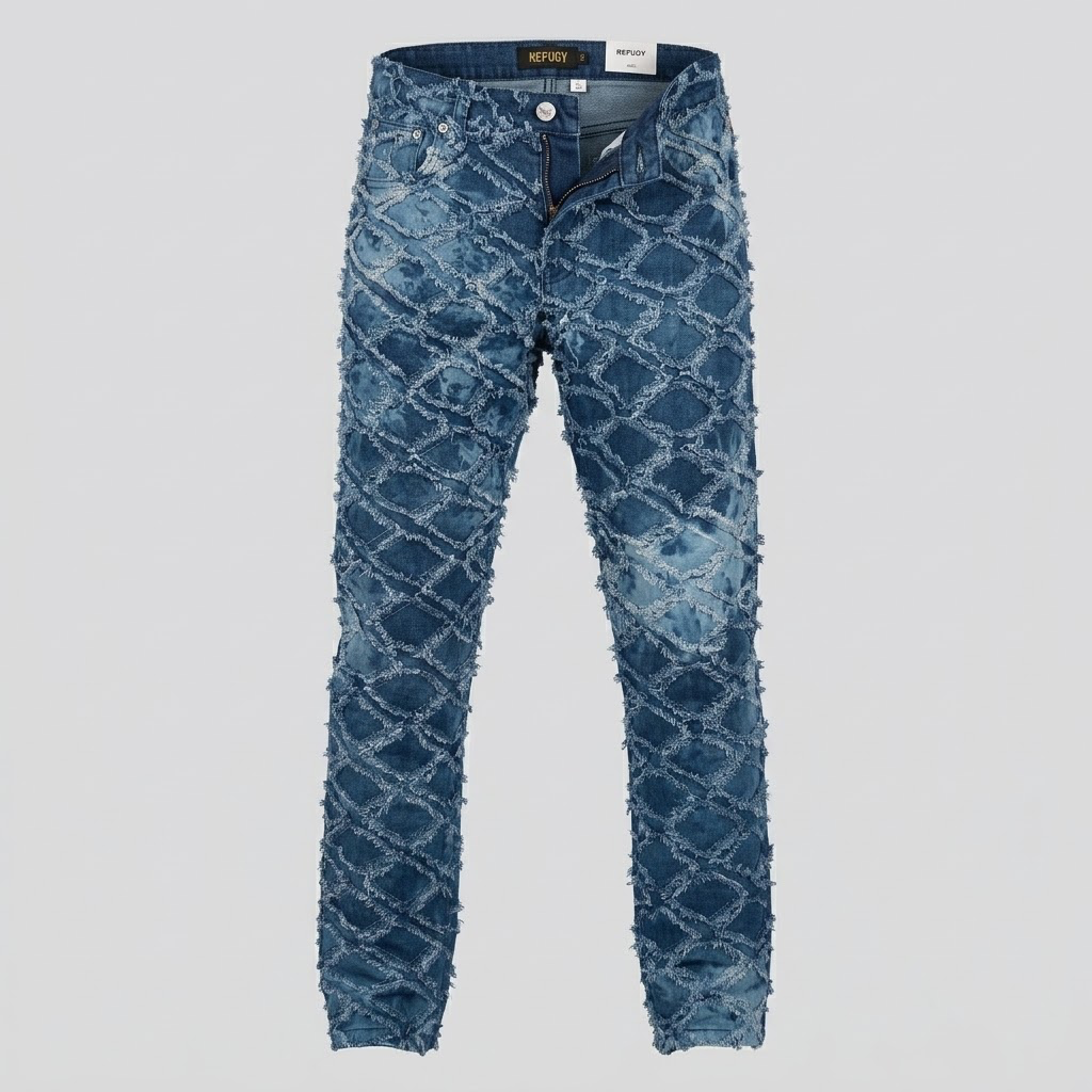 KLEEP-Blue Frayed Lattice Distressed Denim Jeans