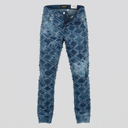 KLEEP-Blue Frayed Lattice Distressed Denim Jeans